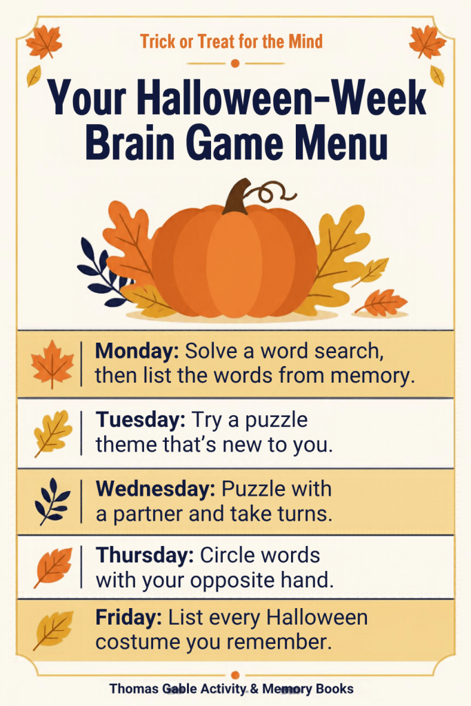 Your Halloween-Week Brain Game Menu: Monday, solve a word search then list the words from memory. Tuesday, try a puzzle theme that's new to you. Wednesday, puzzle with a partner and take turns. Thursday, circle words with your opposite hand. Friday, list every Halloween costume you remember.