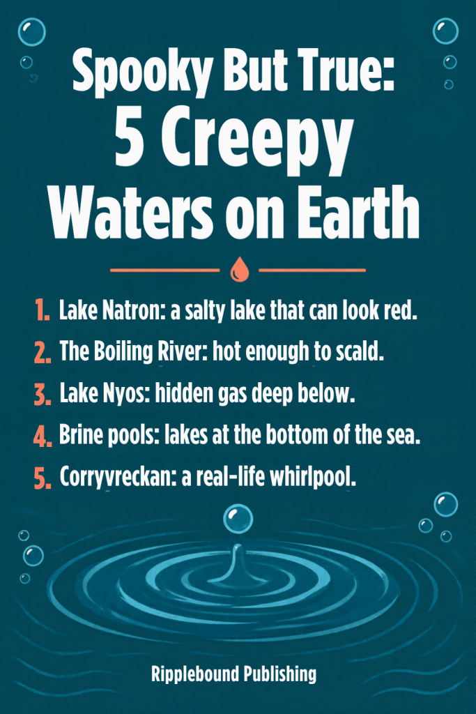 Spooky But True: 5 Creepy Waters on Earth. 1. Lake Natron: a salty lake that can look red. 2. The Boiling River: hot enough to scald. 3. Lake Nyos: hidden gas deep below. 4. Brine pools: lakes at the bottom of the sea. 5. Corryvreckan: a real-life whirlpool. Ripplebound Publishing.