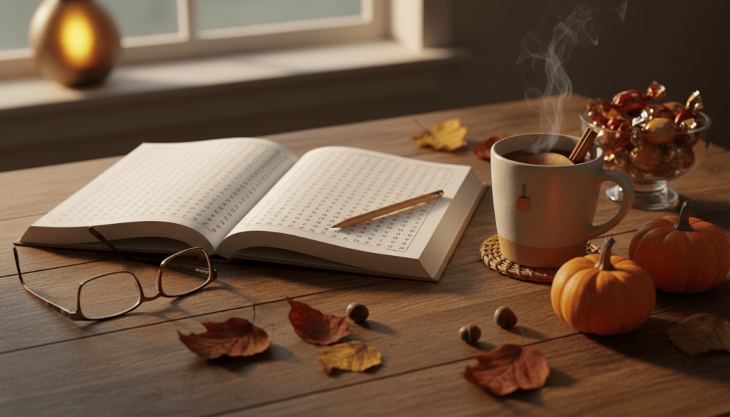 A large-print puzzle book on a table with pumpkins, autumn leaves, reading glasses and a mug of cider