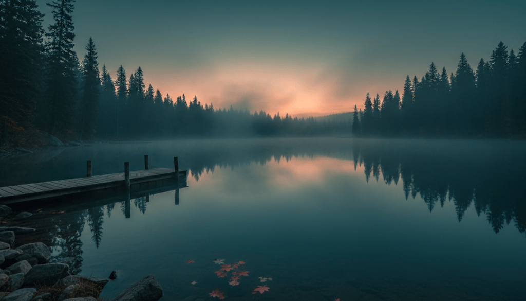 A misty autumn lake at dusk with teal water, drifting fog, pine trees and floating fall leaves near a small wooden dock