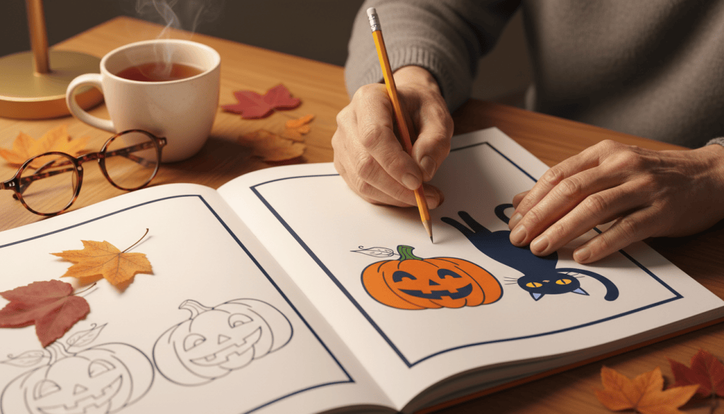Hands holding a pencil over an open large-print activity book with a simple Halloween picture of pumpkins and a cat, next to reading glasses and a mug of tea