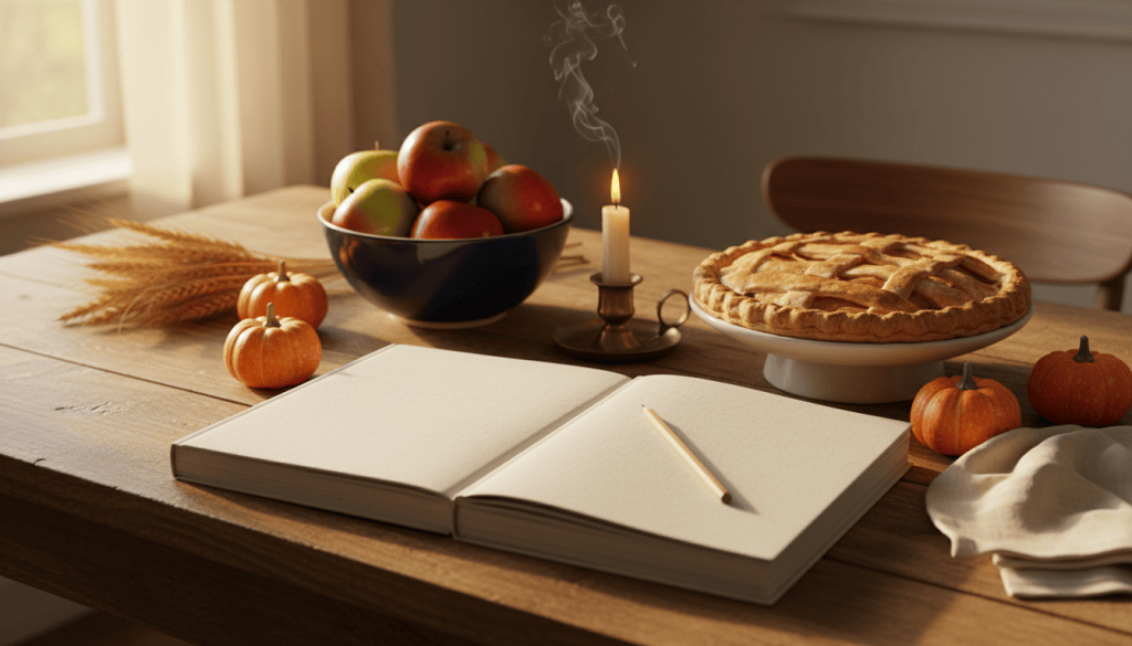 Two large-print puzzle books on a rustic Thanksgiving table with a pie, mini pumpkins, apples, wheat and a candle in golden light